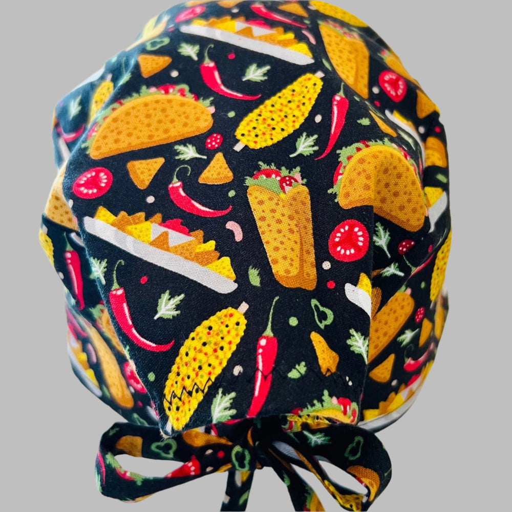 Taco scrub cap with chili pepper corn and Mexican food print traditional tie-back surgical hat for nurses and healthcare professionals back view