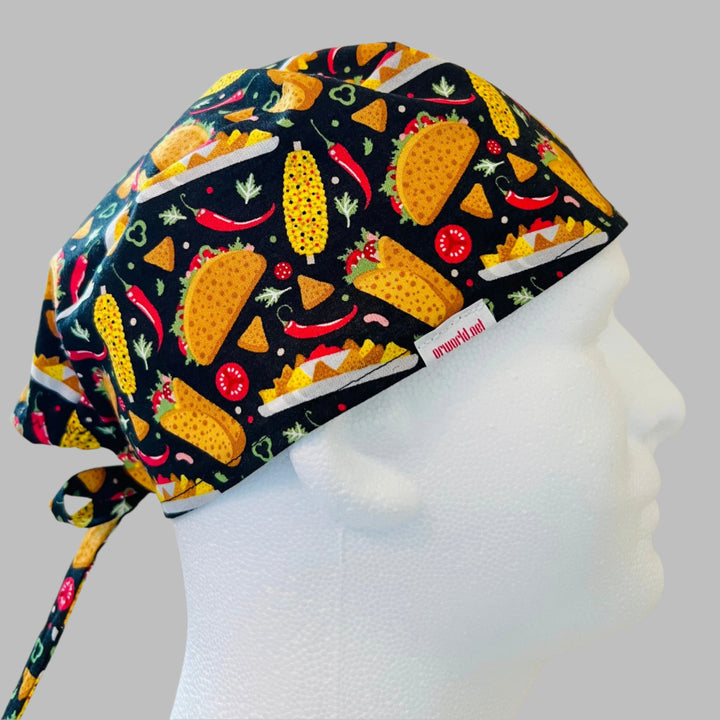 Taco scrub cap with chili pepper corn and Mexican food print traditional tie-back surgical hat for nurses and healthcare professionals side view