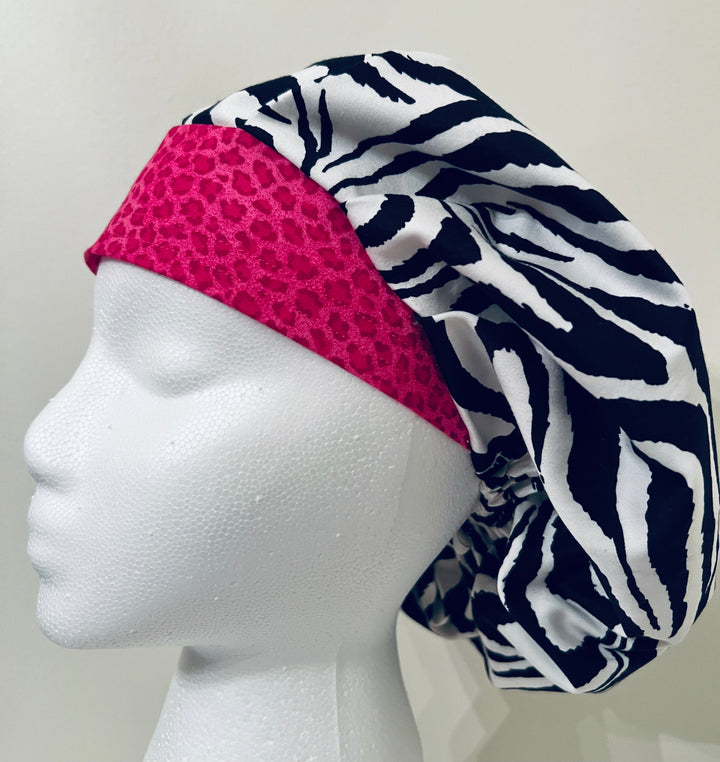 Bouffant Zebra Print Scrub Cap with Pink Cheetah Band | Animal Print Surgical Hat | Adjustable OR Cap for Nurses &amp; Surgeons | Satin Lining Option