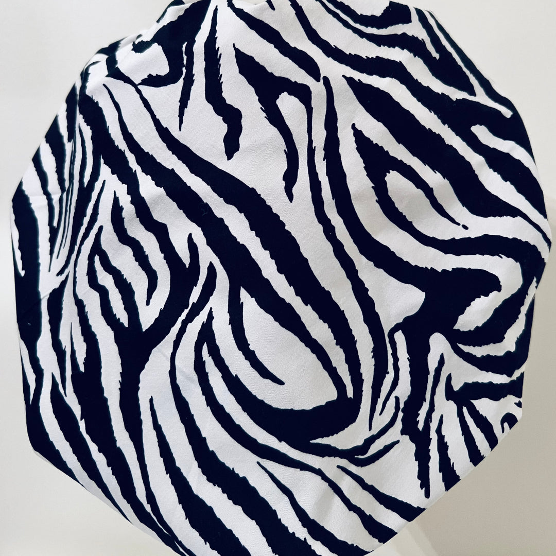 Bouffant Zebra Print Scrub Cap with Pink Cheetah Band | Animal Print Surgical Hat | Adjustable OR Cap for Nurses &amp; Surgeons | Satin Lining Option