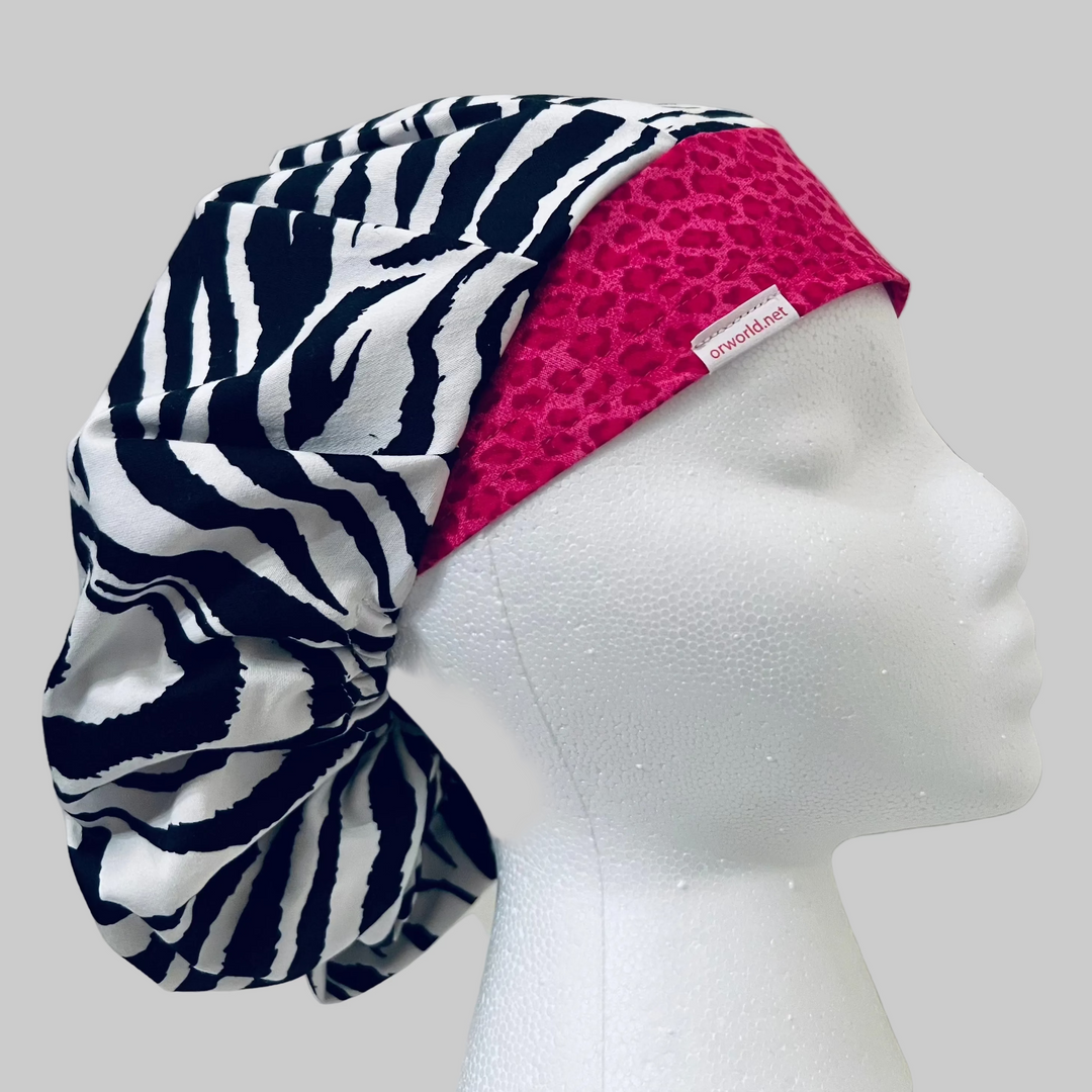 Bouffant Zebra Print Scrub Cap with Pink Cheetah Band | Animal Print Surgical Hat | Adjustable OR Cap for Nurses &amp; Surgeons | Satin Lining Option