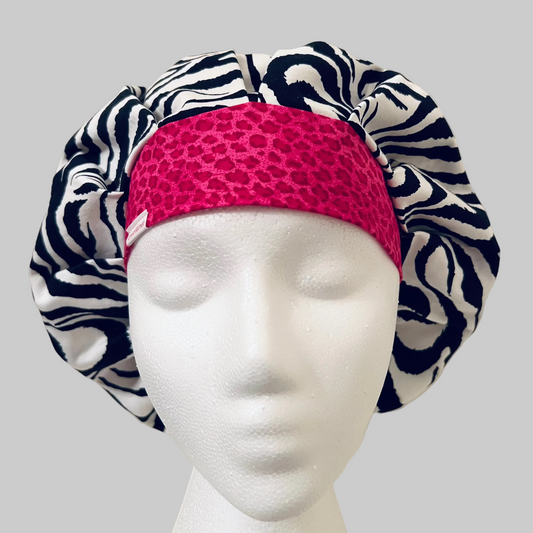Bouffant Zebra Print Scrub Cap with Pink Cheetah Band | Animal Print Surgical Hat | Adjustable OR Cap for Nurses & Surgeons | Satin Lining Option