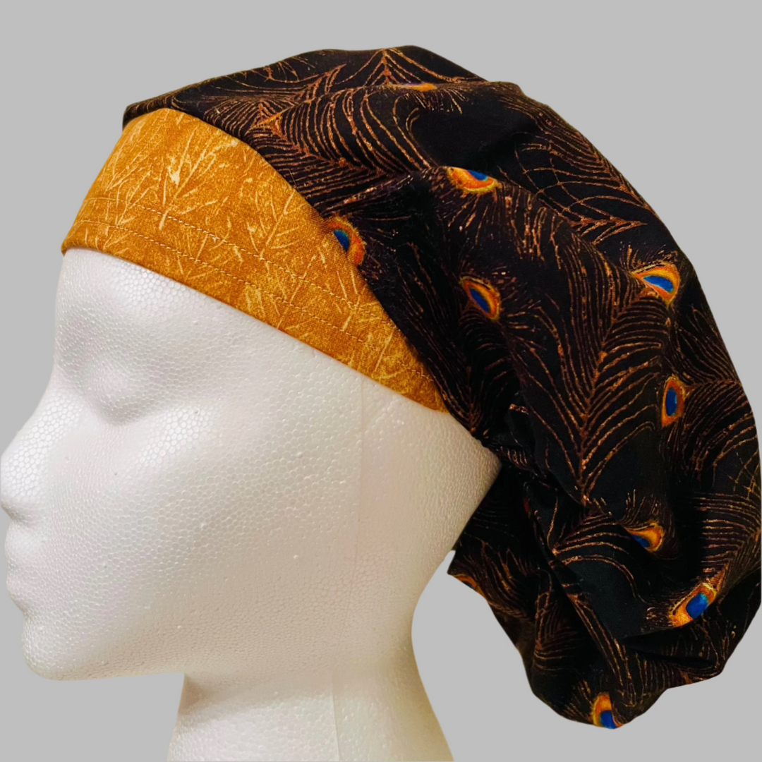 Bouffant Scrub Cap Peacock Feather Print | Handmade Surgical Hat for Nurses, Surgeons & Healthcare Professionals | Adjustable OR Cap | Satin Lining Option