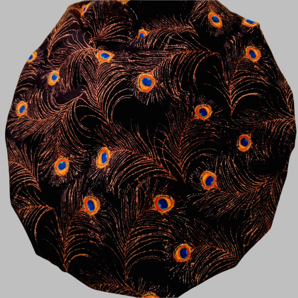 Bouffant Scrub Cap Peacock Feather Print | Handmade Surgical Hat for Nurses, Surgeons & Healthcare Professionals | Adjustable OR Cap | Satin Lining Option