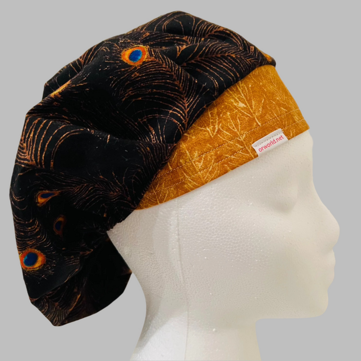 Bouffant Scrub Cap Peacock Feather Print | Handmade Surgical Hat for Nurses, Surgeons &amp; Healthcare Professionals | Adjustable OR Cap | Satin Lining Option