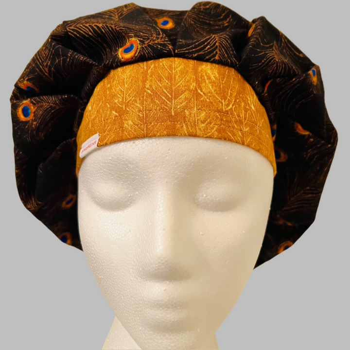 Bouffant Scrub Cap Peacock Feather Print | Handmade Surgical Hat for Nurses, Surgeons &amp; Healthcare Professionals | Adjustable OR Cap | Satin Lining Option
