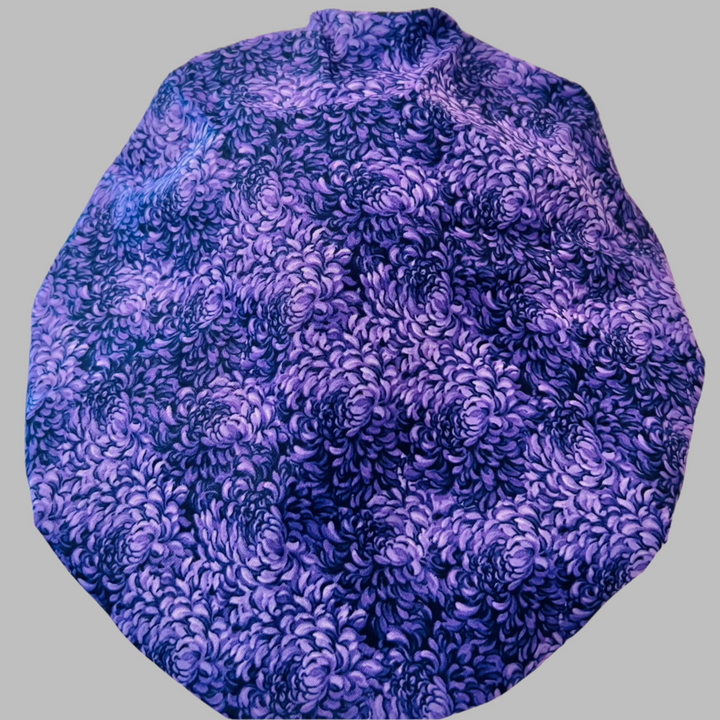 Purple Floral Bouffant Scrub Cap – Violet Petal Surgical Hat – Full Coverage Nurse Cap for Long Hair