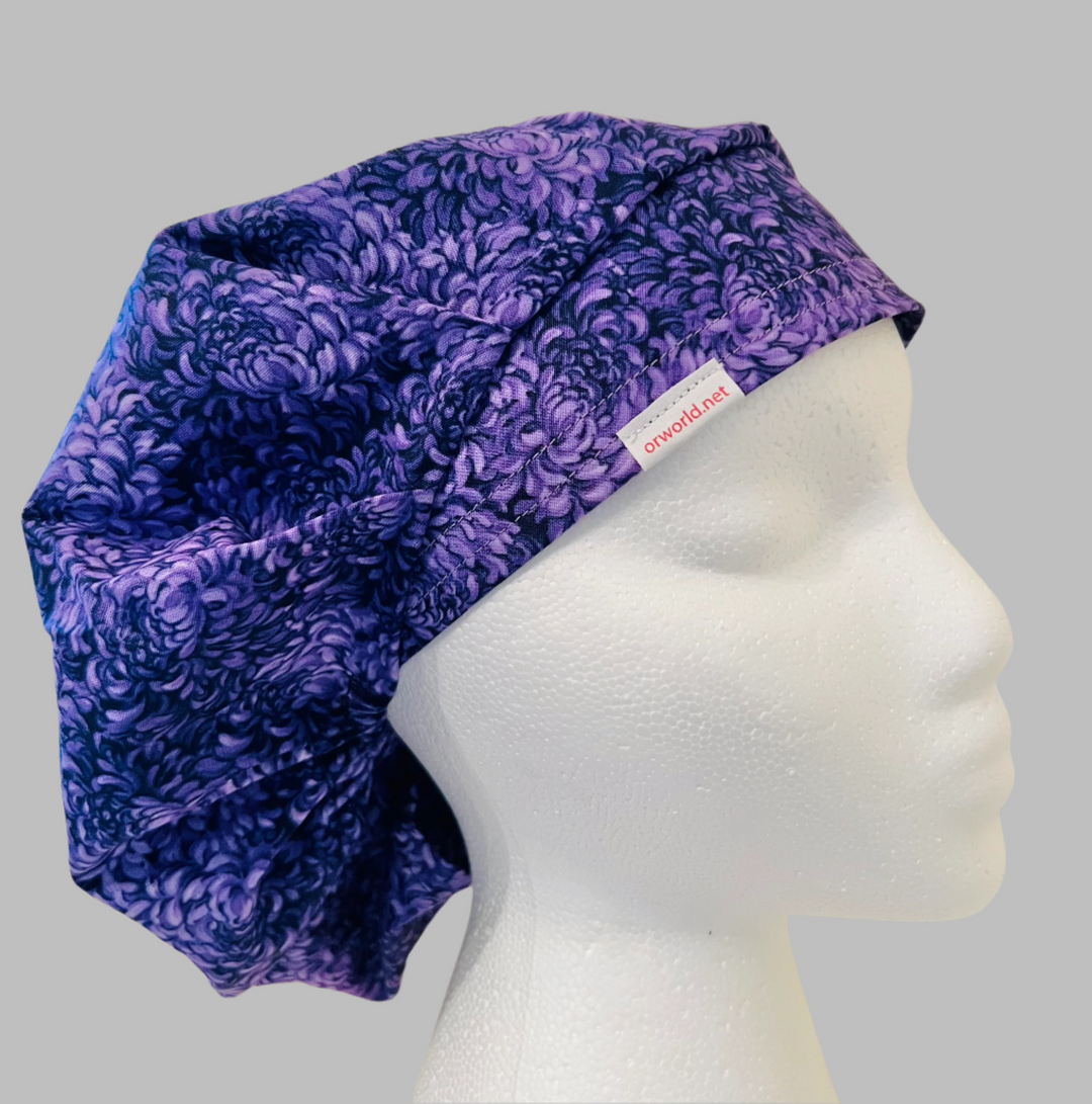 Purple Floral Bouffant Scrub Cap – Violet Petal Surgical Hat – Full Coverage Nurse Cap for Long Hair