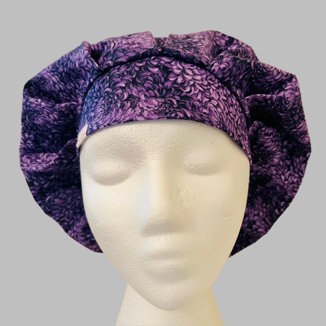 Purple Floral Bouffant Scrub Cap – Violet Petal Surgical Hat – Full Coverage Nurse Cap for Long Hair