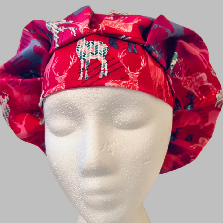 Bouffant Scrub Cap Deer Print | Handmade Surgical Hat for Nurses, Surgeons &amp; Healthcare Professionals | Adjustable Unisex OR Cap | Satin Lining Option