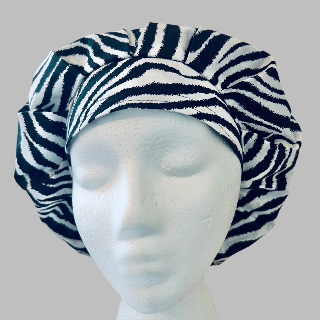 Bouffant Zebra Print Scrub Cap | Black &amp; White Animal Print Surgical Hat | Adjustable OR Cap for Nurses &amp; Surgeons | Satin Lining Option