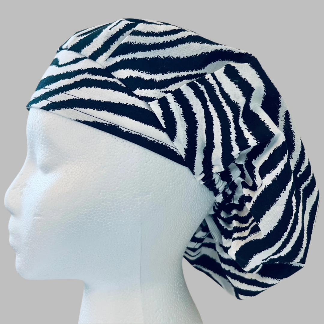 Bouffant Zebra Print Scrub Cap | Black & White Animal Print Surgical Hat | Adjustable OR Cap for Nurses & Surgeons | Satin Lining Option