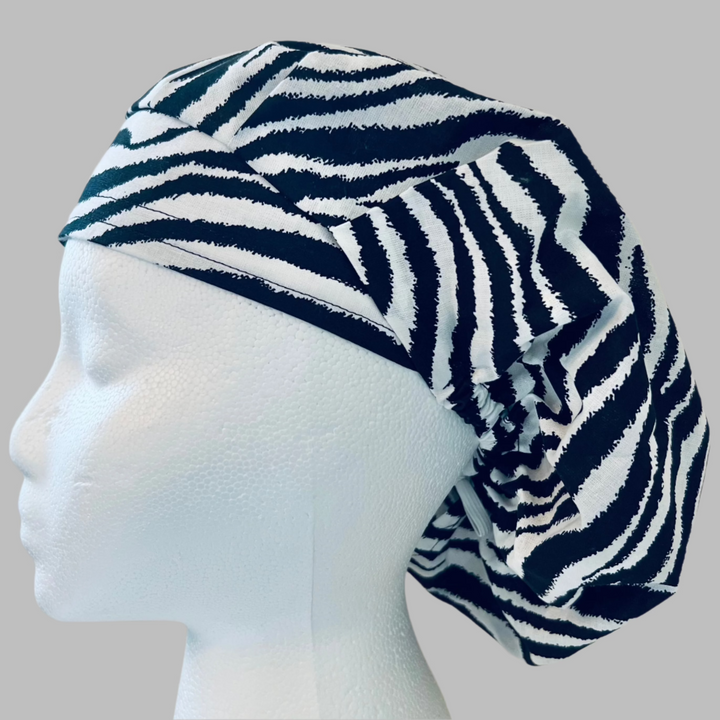 Bouffant Zebra Print Scrub Cap | Black &amp; White Animal Print Surgical Hat | Adjustable OR Cap for Nurses &amp; Surgeons | Satin Lining Option