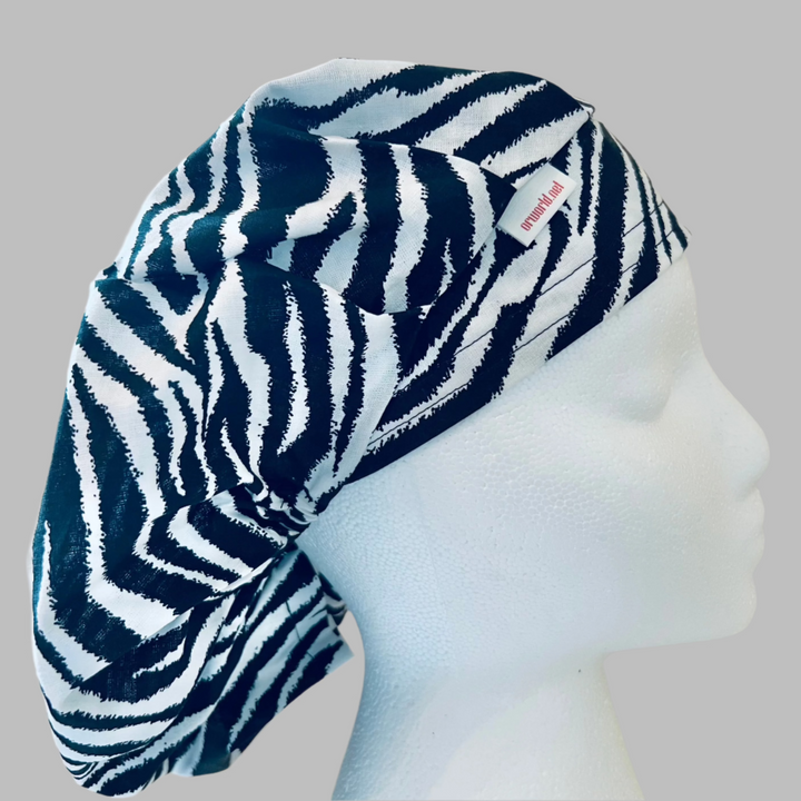 Bouffant Zebra Print Scrub Cap | Black &amp; White Animal Print Surgical Hat | Adjustable OR Cap for Nurses &amp; Surgeons | Satin Lining Option
