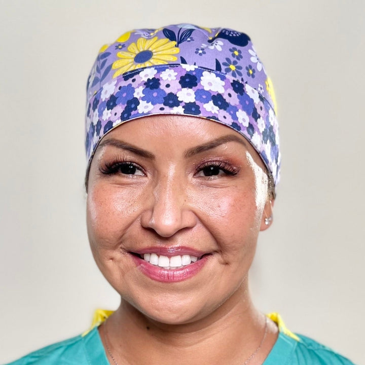 Ponytail Scrub Cap for Women Lavender Yellow Summer Floral Surgical Hat Wildflower Nurse Scrub Cap Purple Flower Scrub Cap Adjustable Long Hair OR World Scrub Caps