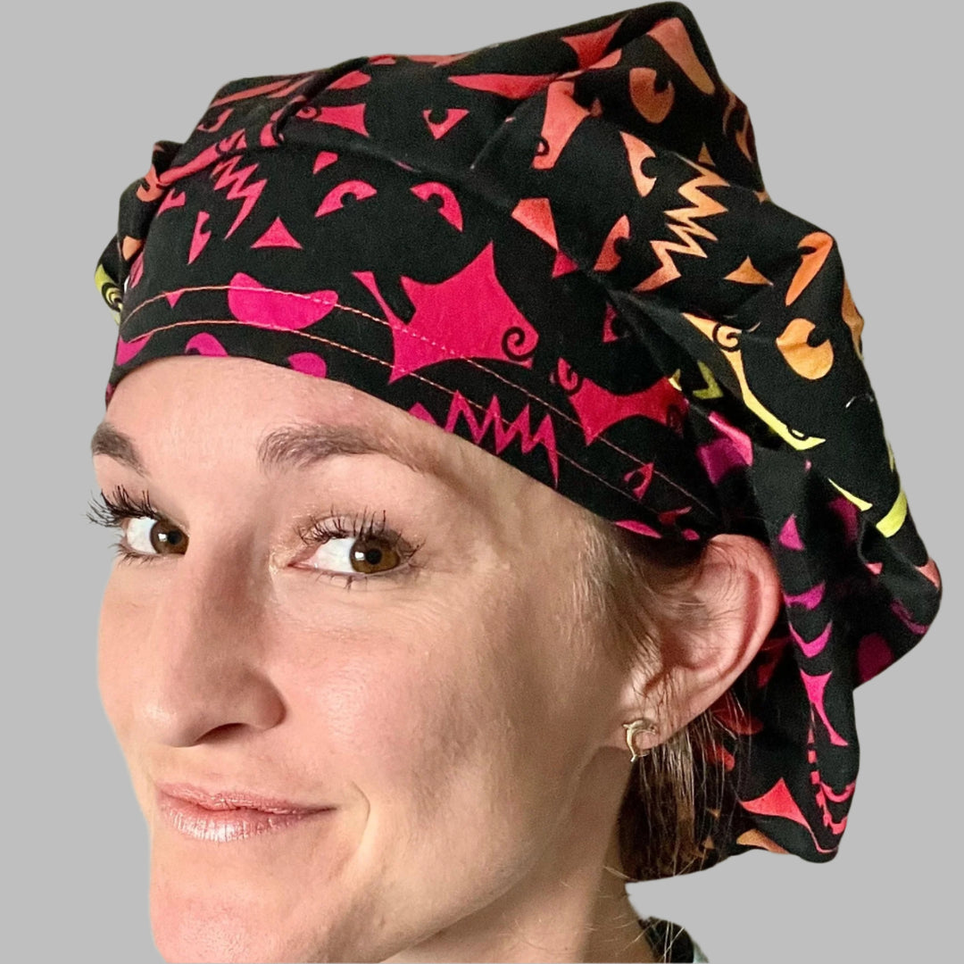 Halloween Bouffant Scrub Cap – Neon Pumpkin &amp; Spooky Doodle Nurse Hat | Fall Surgical Cap | front angle view