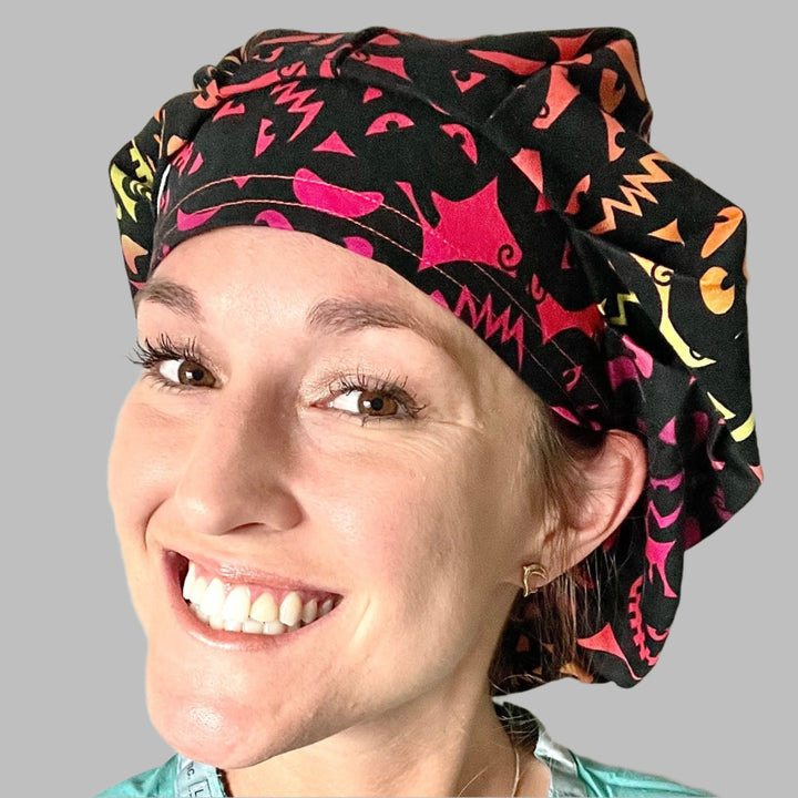 Halloween Bouffant Scrub Cap – Neon Pumpkin and Spooky Doodle Nurse Hat | Fall Surgical Cap | front view