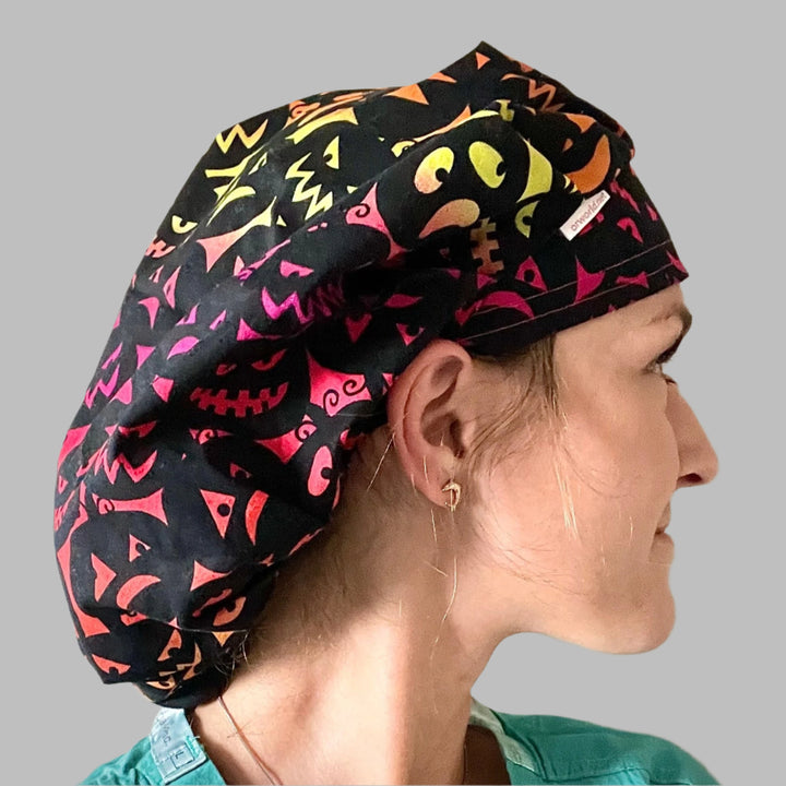 Halloween Bouffant Scrub Cap – Neon Pumpkin &amp; Spooky Doodle Nurse Hat | Fall Surgical Cap | right side view