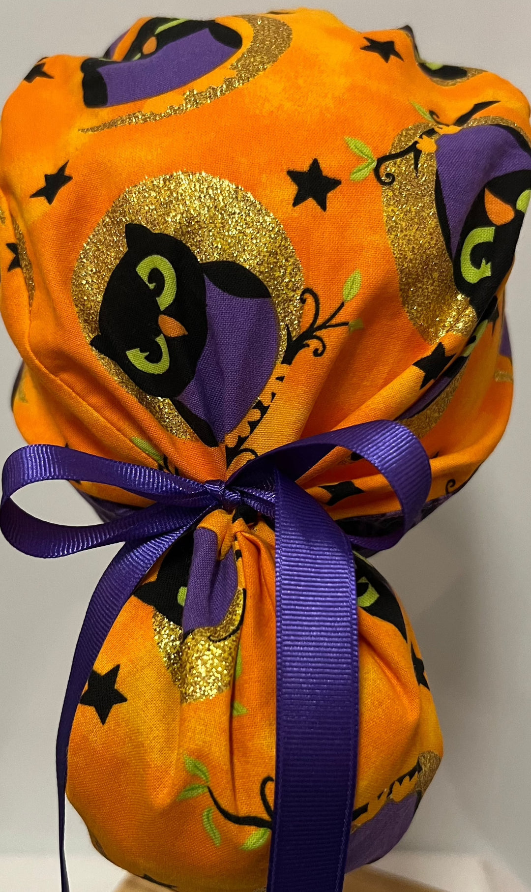 Halloween Owl Ponytail Scrub Cap | Orange &amp; Purple Fall Nurse Cap | Witch Owl Surgical Hat | Adjustable Nurse Gift | back view