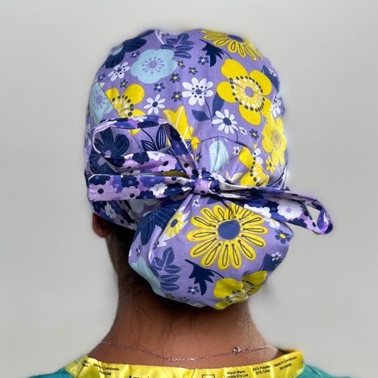 Ponytail Scrub Cap for Women Lavender Yellow Summer Floral Surgical Hat Wildflower Nurse Scrub Cap Purple Flower Scrub Cap Adjustable Long Hair OR World Scrub Caps