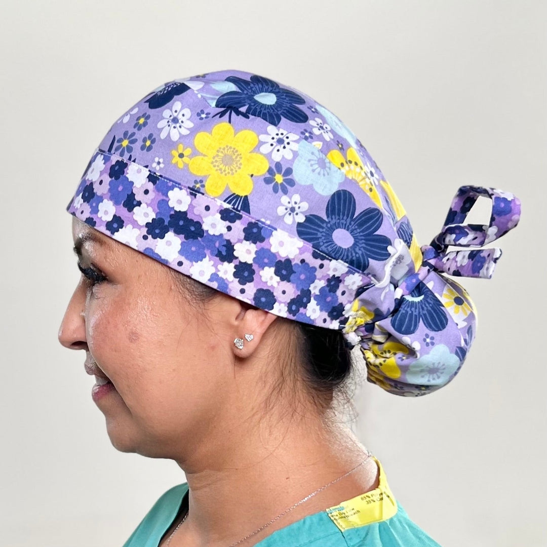 Ponytail Scrub Cap for Women Lavender Yellow Summer Floral Surgical Hat Wildflower Nurse Scrub Cap Purple Flower Scrub Cap Adjustable Long Hair OR World Scrub Caps