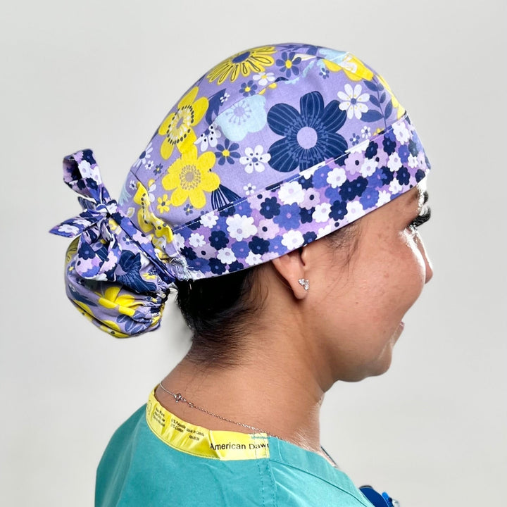 Ponytail Scrub Cap for Women Lavender Yellow Summer Floral Surgical Hat Wildflower Nurse Scrub Cap Purple Flower Scrub Cap Adjustable Long Hair OR World Scrub Caps